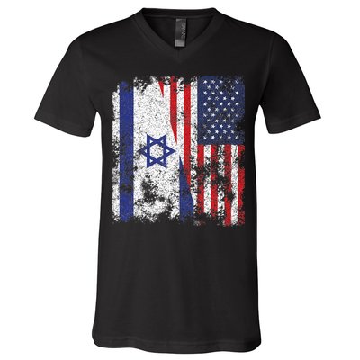 Israel USA Flag Distressed Half American V-Neck T-Shirt