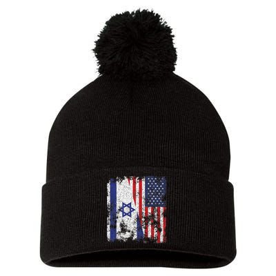 Israel USA Flag Distressed Half American Pom Pom 12in Knit Beanie