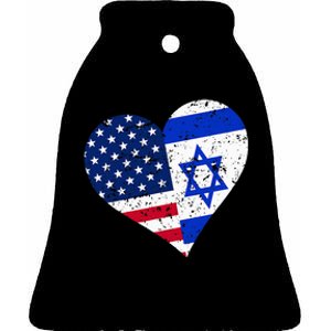 Israel USA Heart Distressed Israeli American Flag Ceramic Bell Ornament