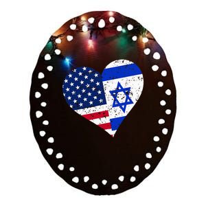 Israel USA Heart Distressed Israeli American Flag Ceramic Oval Ornament