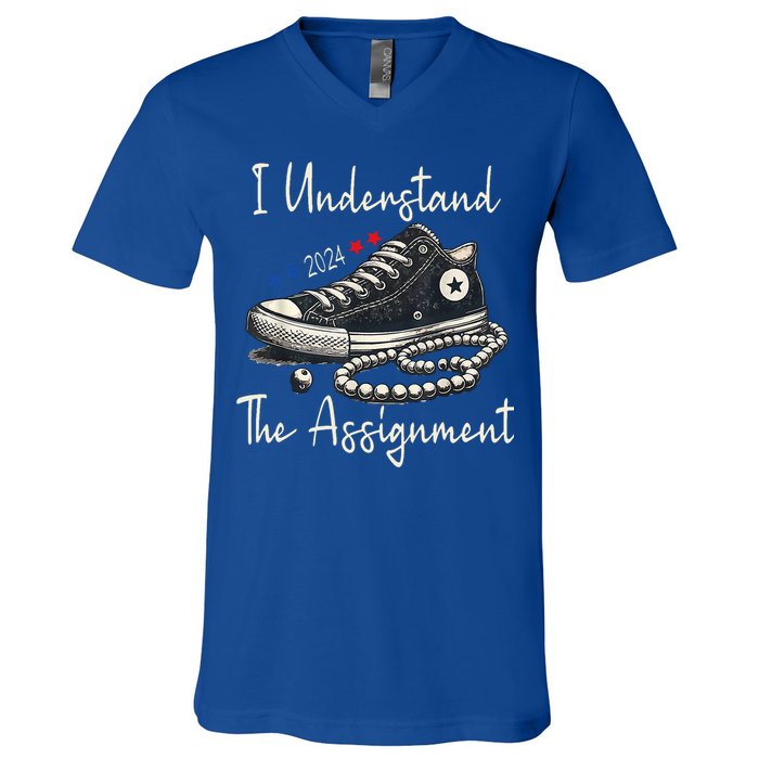 I Understand The Assignment Chucks And Pearls Kamala Harris 2024 V-Neck T-Shirt