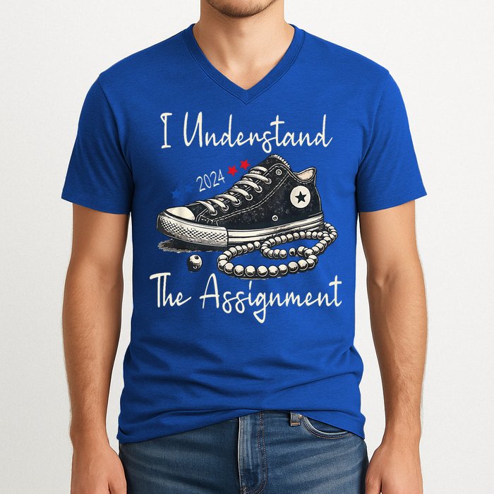 I Understand The Assignment Chucks And Pearls Kamala Harris 2024 V-Neck T-Shirt
