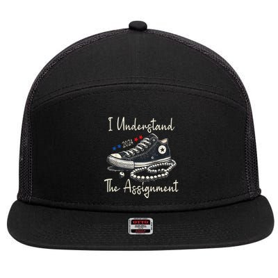 I Understand The Assignment Chucks And Pearls Kamala Harris 7 Panel Mesh Trucker Snapback Hat