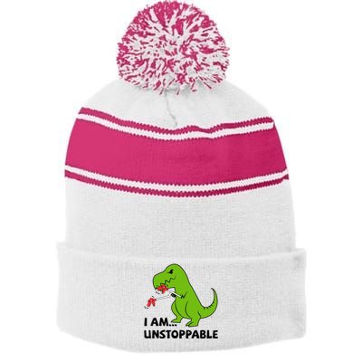 I'M UNSTOPPABLE T-Rex Dinosaur Funny Cute Trendy Stripe Pom Pom Beanie