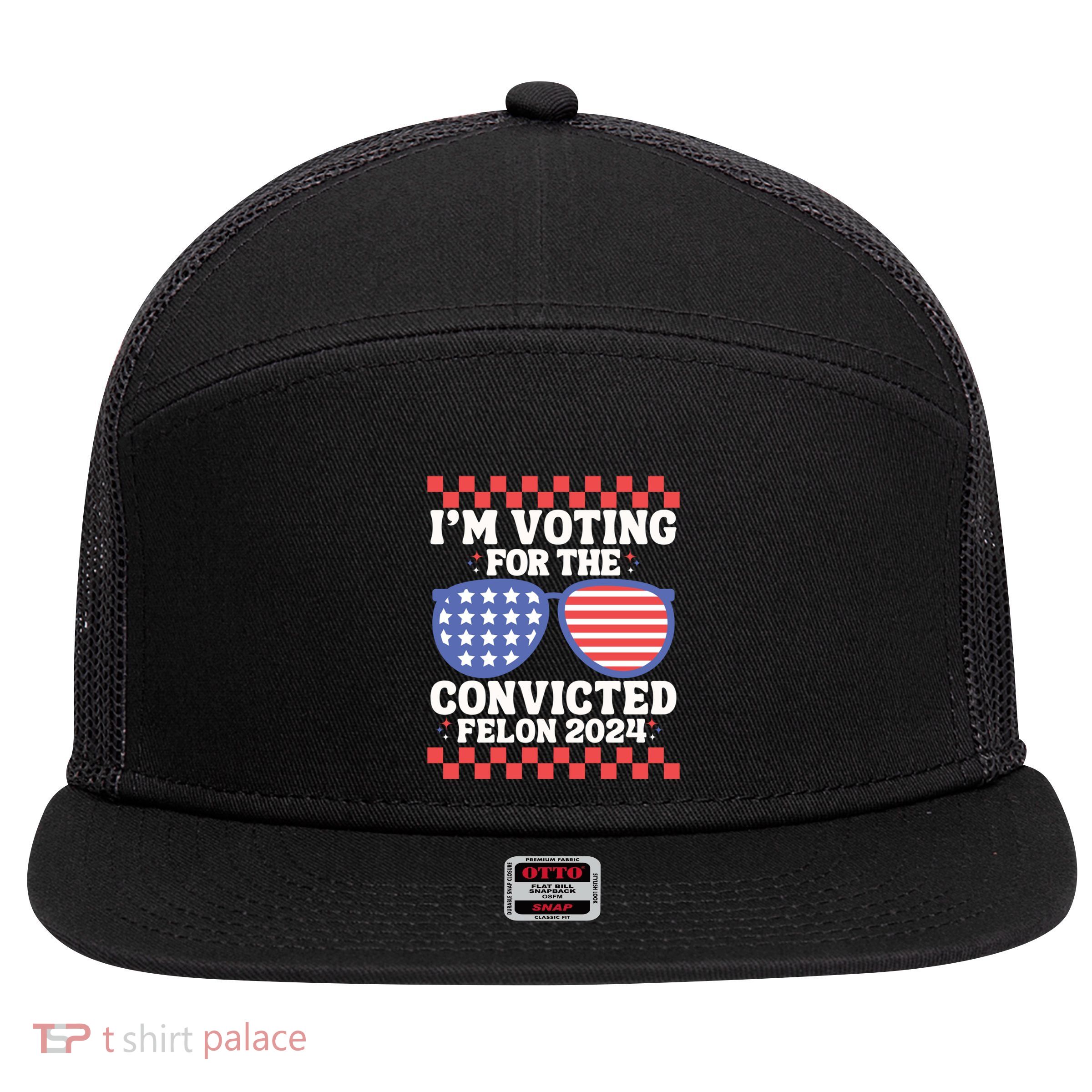 IM Voting Convicted Felon 2024 Usa Flag Sunglasses Groovy Gift 7 Panel Mesh Trucker Snapback Hat