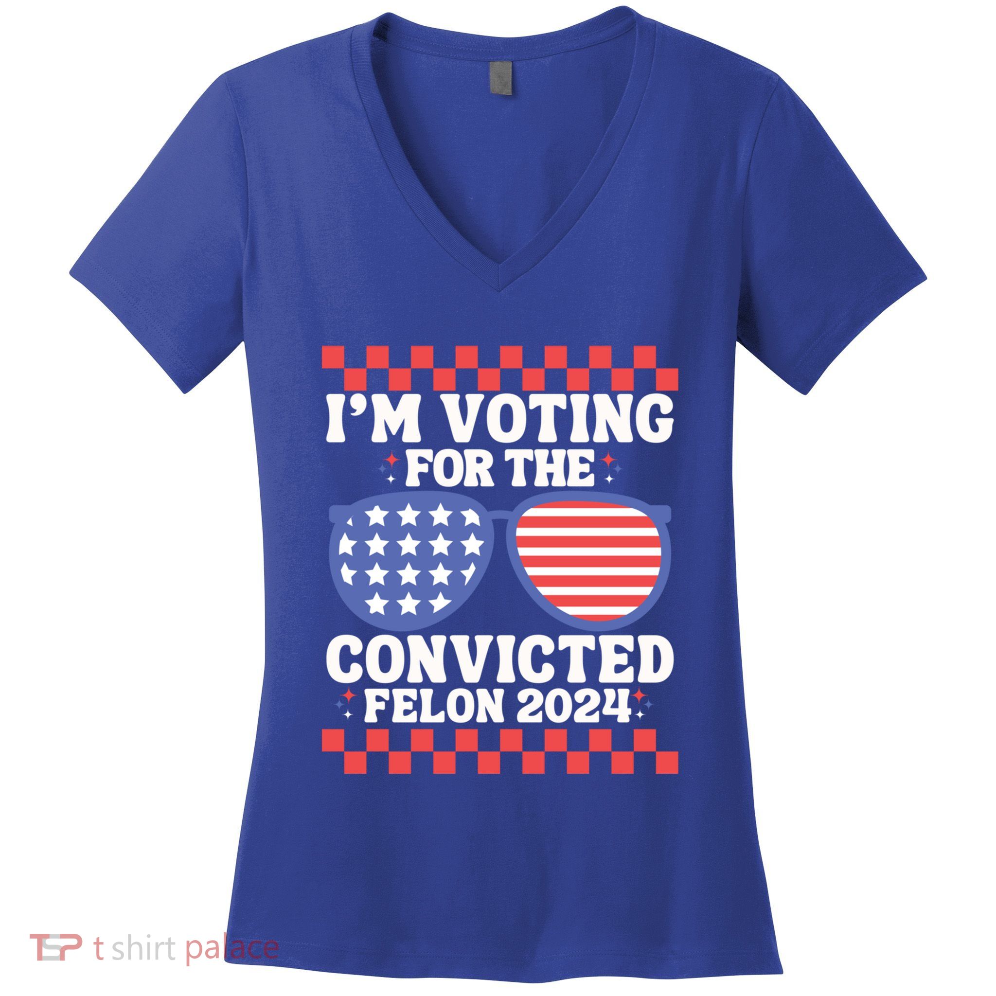 IM Voting Convicted Felon 2024 Usa Flag Sunglasses Groovy Gift Women's V-Neck T-Shirt