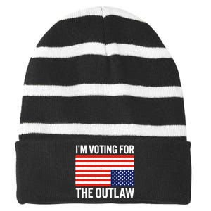 Im Voting For The Outlaw Funny Trump Maga 2024 Striped Beanie with Solid Band