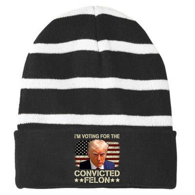 Im Voting For The Convicted Felon Trump 2024 American Flag Vintage Striped Beanie with Solid Band