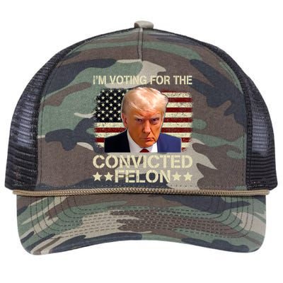 Im Voting For The Convicted Felon Trump 2024 American Flag Vintage Retro Rope Trucker Hat Cap