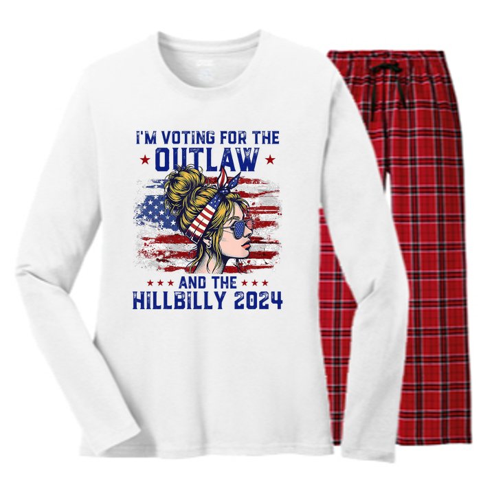 Im Voting For The Outlaw And The Hillbilly 2024 Us Flag Trump Vance 2024 Women's Long Sleeve Flannel Pajama Set 