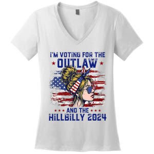 Im Voting For The Outlaw And The Hillbilly 2024 Us Flag Trump Vance 2024 Women's V-Neck T-Shirt