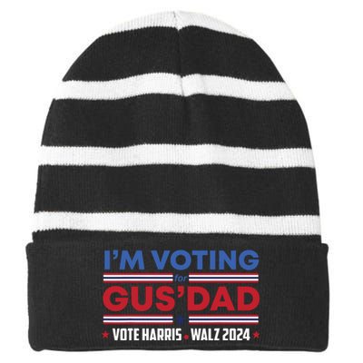 Im Voting For Gus Dad Vote Harris Walz 2024 Pres And Vice Striped Beanie with Solid Band