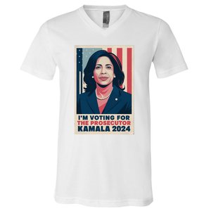 Im Voting For The Prosecutor Kamala 2024 Usa Flag Background V-Neck T-Shirt