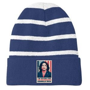 Im Voting For The Prosecutor Kamala 2024 Usa Flag Background Striped Beanie with Solid Band