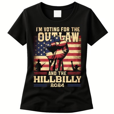 Im Voting For The Outlaw And The Hillbilly 2024 Trump Vance 2024 Us Flag Womens T-Shirt