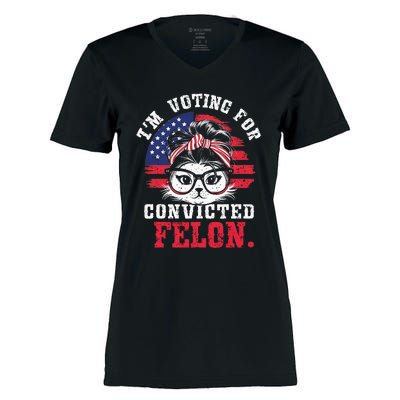 IM Voting For A Convicted Felon In 2024 Cat Messy Bun Women's Momentum V-Neck T-Shirt