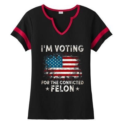 IM Voting For The Convicted Felon Funny Retro American Flag Ladies Halftime Notch Neck Tee