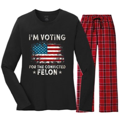 IM Voting For The Convicted Felon Funny Retro American Flag Women's Long Sleeve Flannel Pajama Set 