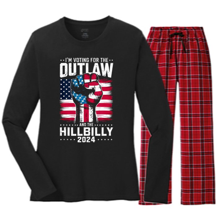 IM Voting For The Outlaw And The Hillbilly 2024 Us Flag Women's Long Sleeve Flannel Pajama Set 