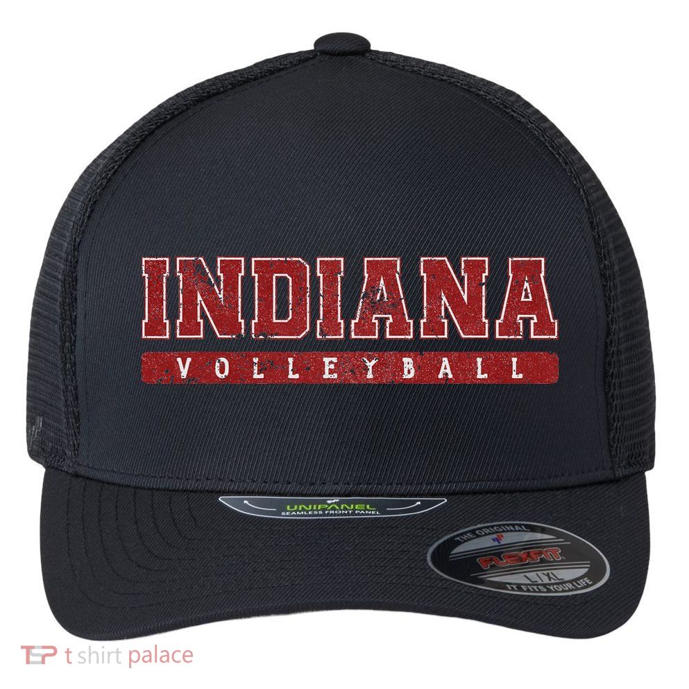 Indiana Volleyball Red Vintage Text Flexfit Unipanel Trucker Cap