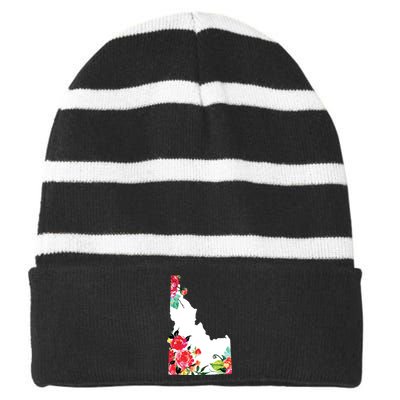 Idaho Vintage Rose State Map Pride Patriotic Floral Idaho Striped Beanie with Solid Band