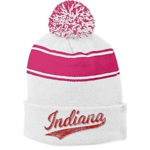 Indiana Varsity Script Classics Sports Jersey Style Stripe Pom Pom Beanie