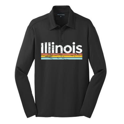 Illinois Vintage Worn Design Retro Stripes Classic Silk Touch Performance Long Sleeve Polo