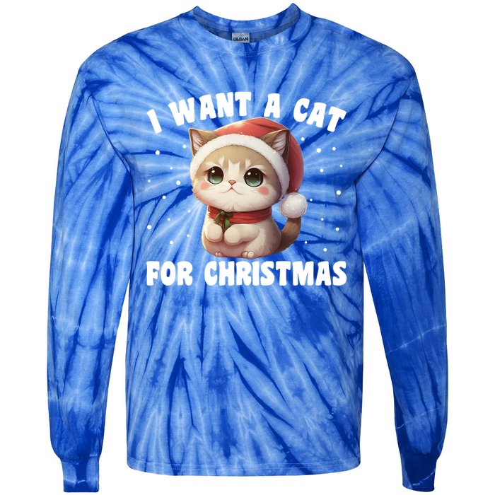 I Want A Cat For Christmas Cute Cats Gift Tie-Dye Long Sleeve Shirt