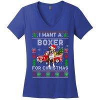 I Want A Boxer For Christmas Ugly Sweater Dog Xmas Outfit Gift Women's V-Neck T-Shirt