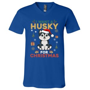 I Want A Husky For Christmas Cute Dog Lover Christmas Pajama Gift V-Neck T-Shirt