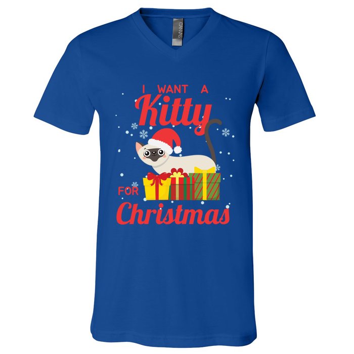 I Want A Kitty Cat For Christmas Funny Cute Magical Holiday Funny Gift V-Neck T-Shirt