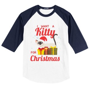 I Want A Kitty Cat For Christmas Funny Cute Magical Holiday Funny Gift Baseball Sleeve Shirt