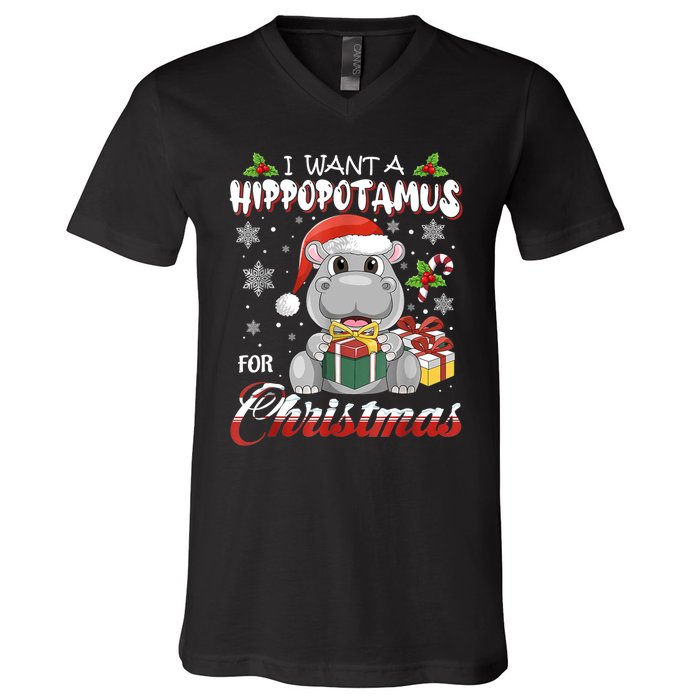 I Want A Hippopotamus For Christmas Xmas Lights Santa Hippo TShirt V-Neck T-Shirt