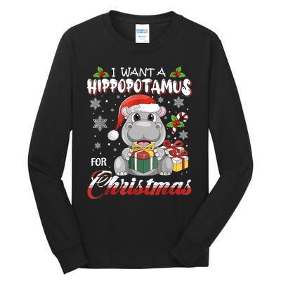 I Want A Hippopotamus For Christmas Xmas Lights Santa Hippo TShirt Tall Long Sleeve T-Shirt