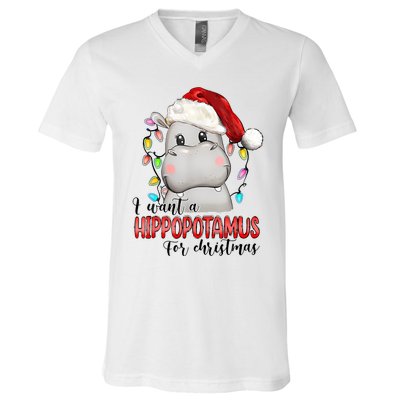 I Want A Hippopotamus For Christmas Xmas Hippo Lover V-Neck T-Shirt