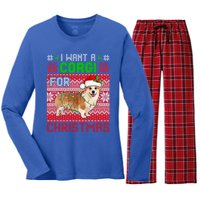 I Want A Corgi For Christmas Santa Dog Lover Owner Gift Women's Long Sleeve Flannel Pajama Set 