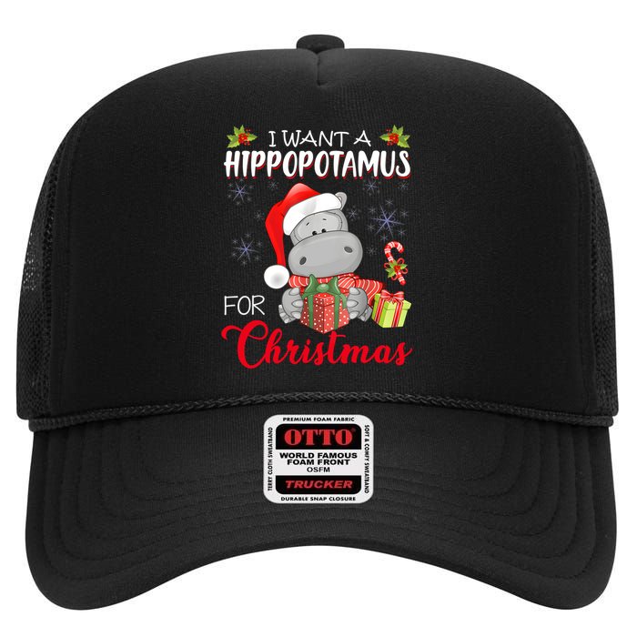 I Want A Hippopotamus For Christmas Xmas Hippo High Crown Mesh Back Trucker Hat