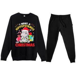 I Want A Hippopotamus For Christmas Hippo Christmas Pajamas Gift Premium Crewneck Sweatsuit Set