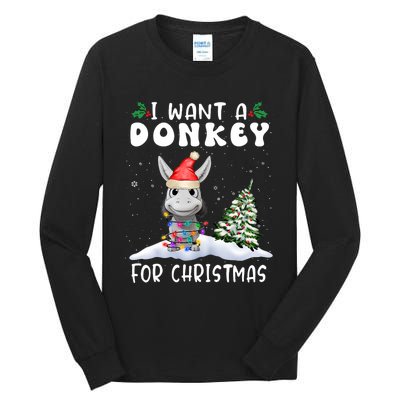 I Want A Donkey For Christmas Santa Hat Funny Xmas Tall Long Sleeve T-Shirt