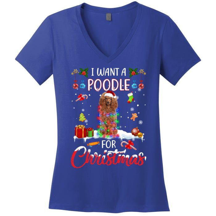 I Want A Poodle For Christmas Xmas Lights Santa Poodle Cool Gift Women's V-Neck T-Shirt