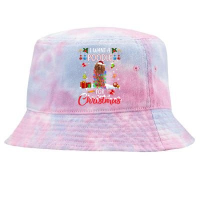 I Want A Poodle For Christmas Xmas Lights Santa Poodle Cool Gift Tie-Dyed Bucket Hat