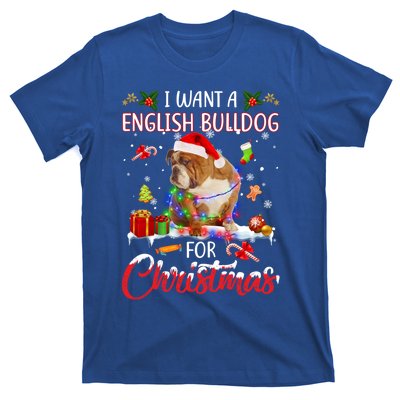 I Want A English Bulldog For Christmas Xmas Lights Santa Gift T-Shirt