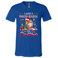 I Want A English Bulldog For Christmas Xmas Lights Santa Gift V-Neck T-Shirt