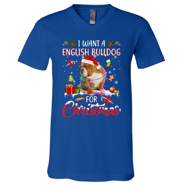 I Want A English Bulldog For Christmas Xmas Lights Santa Gift V-Neck T-Shirt