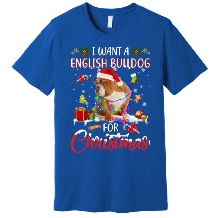 I Want A English Bulldog For Christmas Xmas Lights Santa Gift Premium T-Shirt