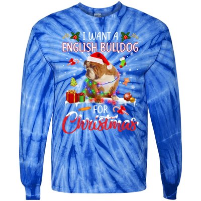 I Want A English Bulldog For Christmas Xmas Lights Santa Gift Tie-Dye Long Sleeve Shirt