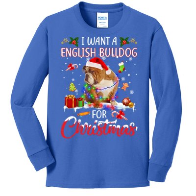 I Want A English Bulldog For Christmas Xmas Lights Santa Gift Kids Long Sleeve Shirt