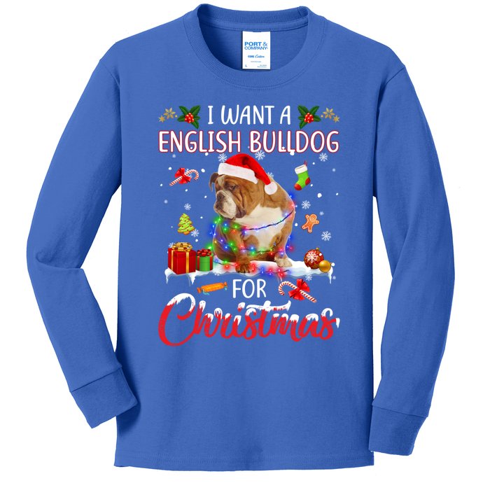 I Want A English Bulldog For Christmas Xmas Lights Santa Gift Kids Long Sleeve Shirt