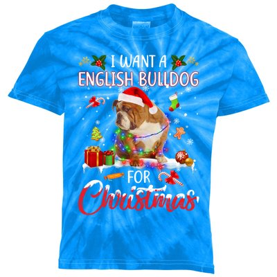 I Want A English Bulldog For Christmas Xmas Lights Santa Gift Kids Tie-Dye T-Shirt