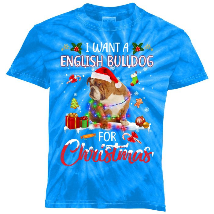 I Want A English Bulldog For Christmas Xmas Lights Santa Gift Kids Tie-Dye T-Shirt